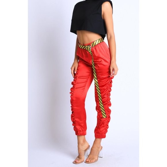 Women's Casual Satin Shirring Long Cuffed Pants With Belted Daily Outdoor Comfy - Picture 8 of 12